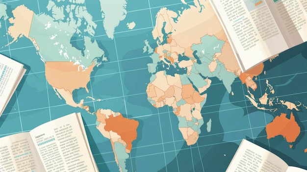 Global News Illustrazione piatta con un giornale e una mappa del mondo che simboleggia la copertura e la connettività mondiale