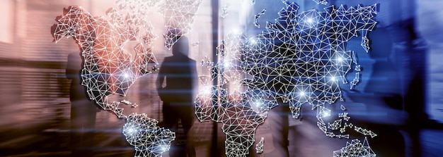 Global World Map Double Exposure Network Telecommunication Business internazionale Internet e concetto tecnologico