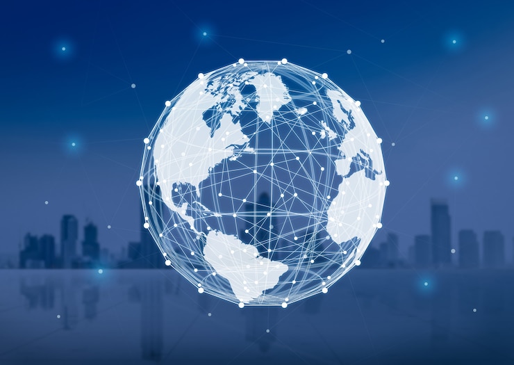 Photo globalization concept with world graphic illustration on cityscape background