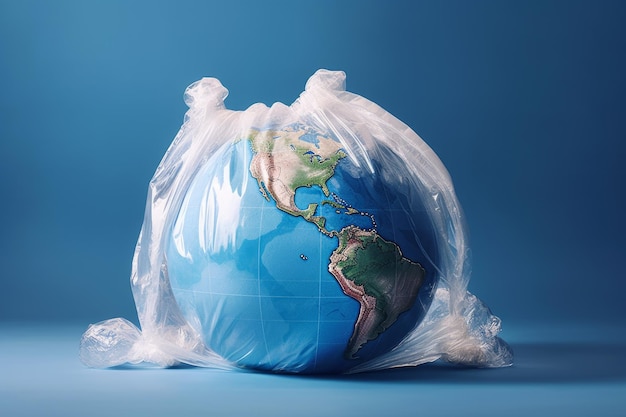 Globo all'interno di un pacchetto di cellophane concetto di inquinamento da plastica sul pianeta