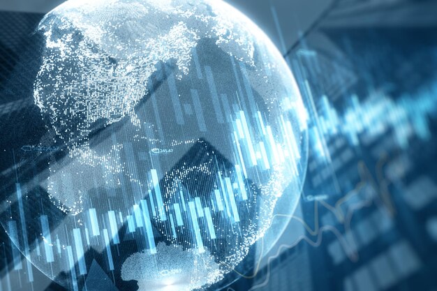 Globo astratto con grafico forex su sfondo sfocato della città Statistiche e dati finanziari Analisi Finanza e negoziazione degli investimenti nel mercato azionario Doppia esposizione
