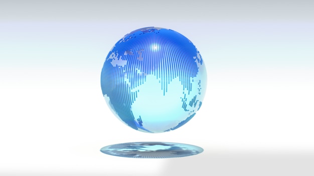 Globo cristallino con mappa del mondo blu. Rendering 3D.