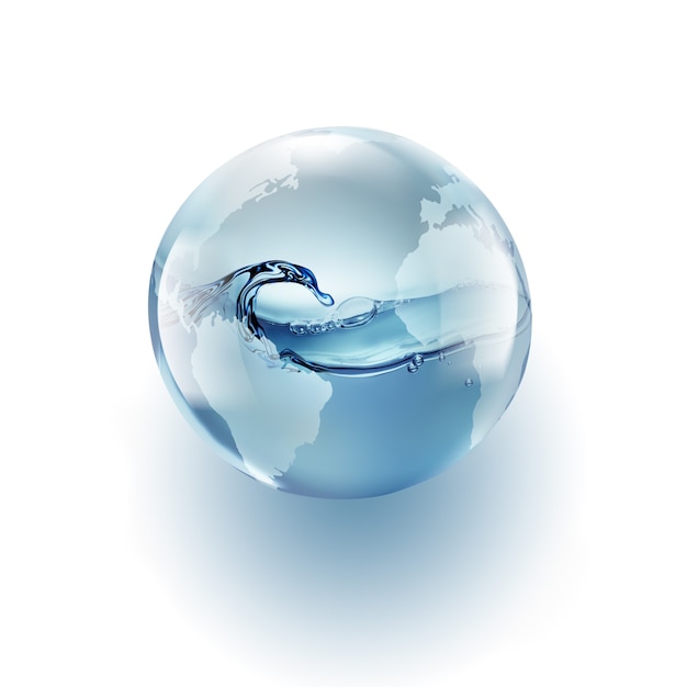 Globo del mondo con acqua pulita all'interno su sfondo bianco