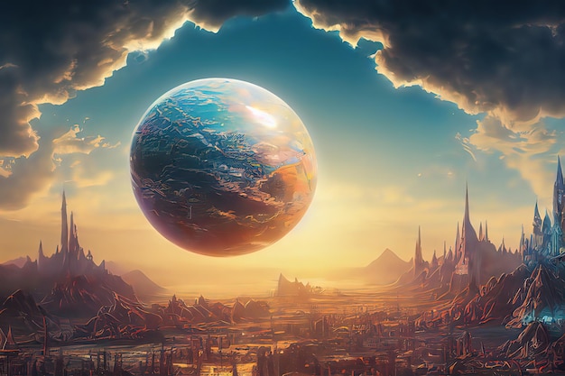 Globo del pianeta terra sotto la città magica Pittura illustrativa in stile arte digitale