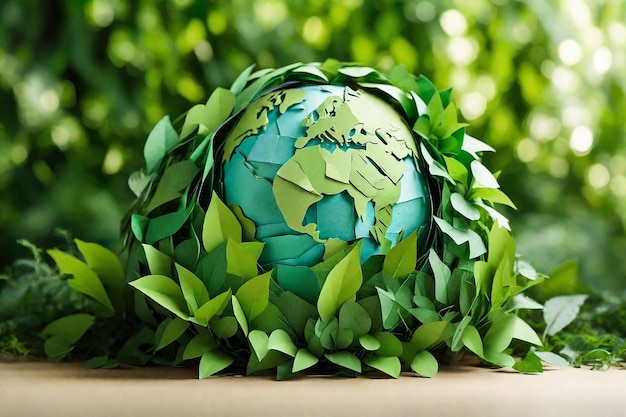 Globo di carta con foglie verdi su sfondo verde concetto di riscaldamento globale