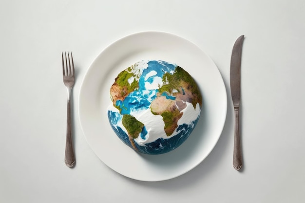 Globo di concetto della Giornata Mondiale dell'Alimentazione su un piatto con una forchetta e un coltello su uno sfondo bianco