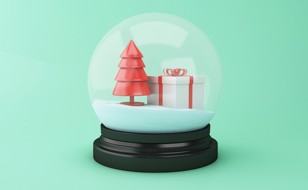 Globo di neve 3D con albero di Natale e confezione regalo.