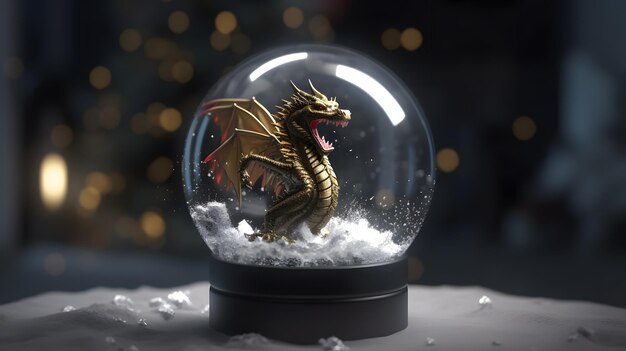 Globo di neve 3D iper realistico con drago in stile fantasy Octane Render