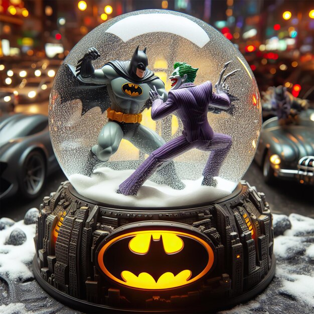 Globo di neve con Batman all'interno e il logo di Batman sulla base