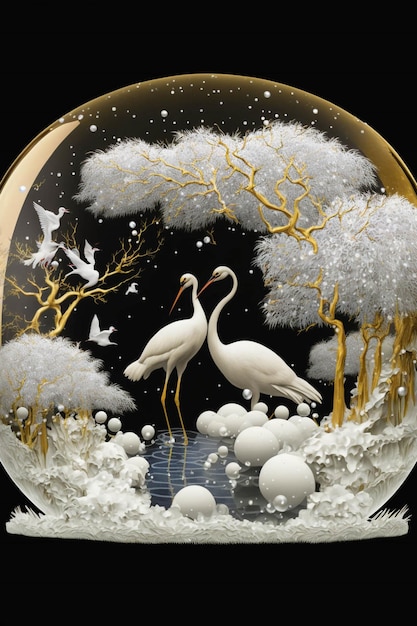 Globo di neve con due uccelli bianchi al suo interno generativo ai