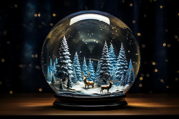 Globo di neve con renne e rendering 3D del paesaggio invernale