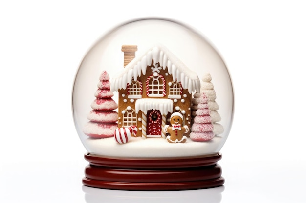 Globo di neve di Natale con casa di marzapane all'interno su sfondo bianco Illustrazione generata dall'intelligenza artificiale
