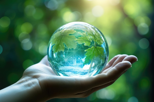 Globo di vetro con foglia verde in mano umana salva il concetto del mondo