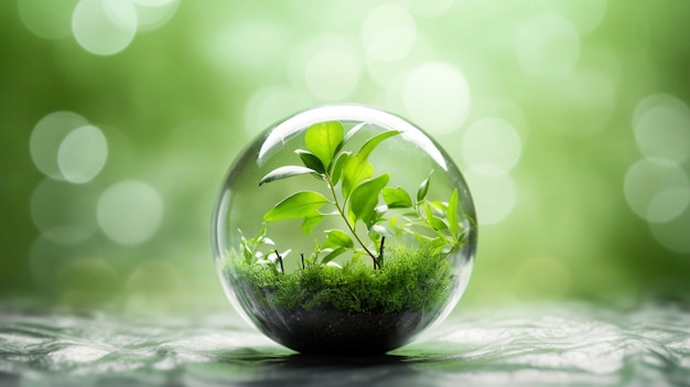 Globo di vetro con pianta verde e sfondo cittadino Concetto di ecologia Rendering 3D