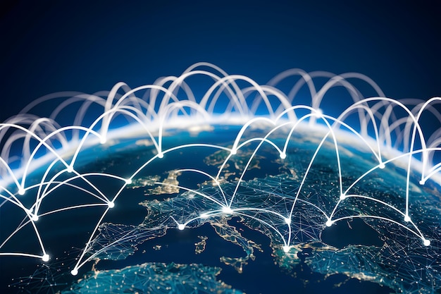 Globo digitale con linee bianche interconnesse che simboleggiano la rete globale e la comunicazione illuminata