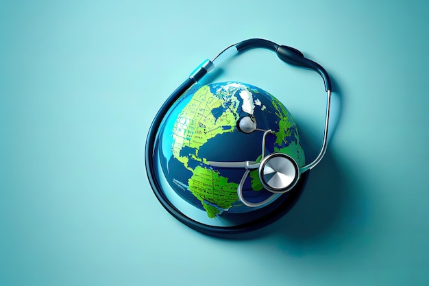 Globo e stetoscopio su sfondo blu concetto giornata mondiale della salute Ai generati
