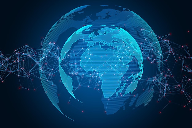 Globo luminoso creativo con connessioni poligonali su sfondo blu Grande mondo futuristico di dati e rendering 3D del concetto di business