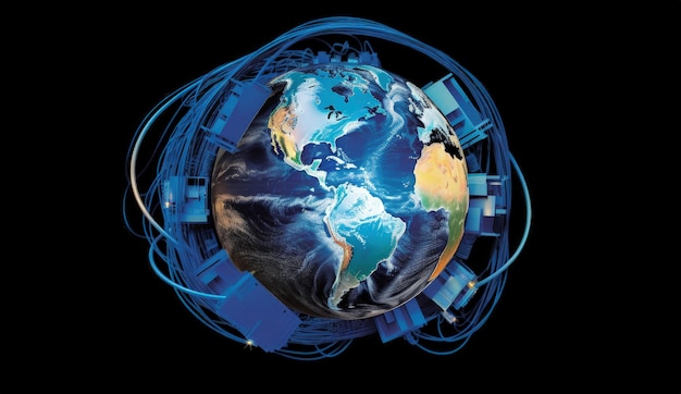 Globo terrestre collegato con cavi concetto di connettività illustrazione digitale IA generativa
