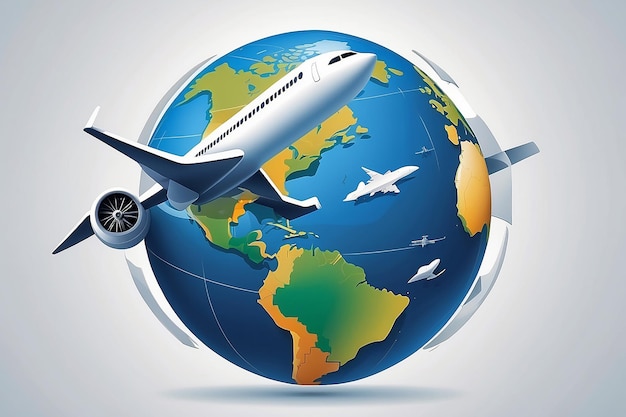 Globo terrestre con aereo stilizzato che vola attorno ad esso concetto per aziende di viaggi e logistica