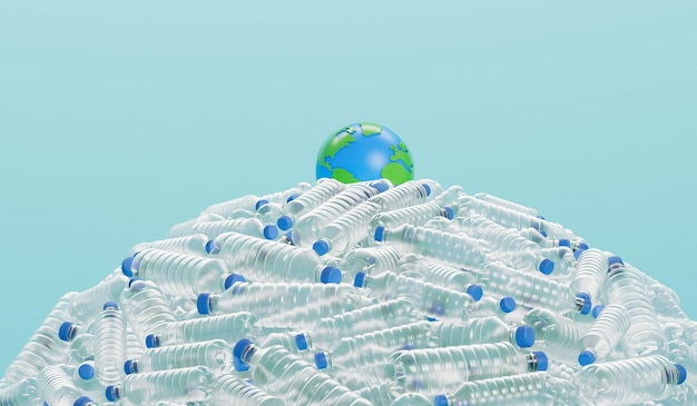 Globo terrestre con bottiglie di plastica vuote Concetto globale di inquinamento da plastica Rendering 3D