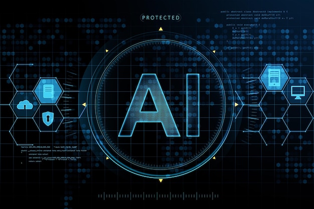 Glowing AI hologram on blurry background Artificial intelligence innovation and science concept 3D Rendering