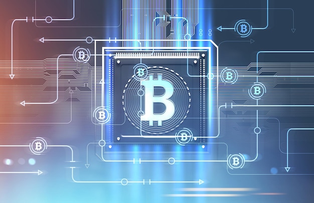 Glowing bitcoin network chip and immersive interface hologram over a blurred background. Concept of cryptocurrency. Mock up toned image double exposure