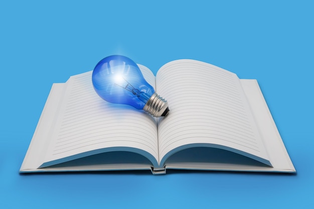 Glowing Blue light bulb on open blank notebook on blue background  education with ideation