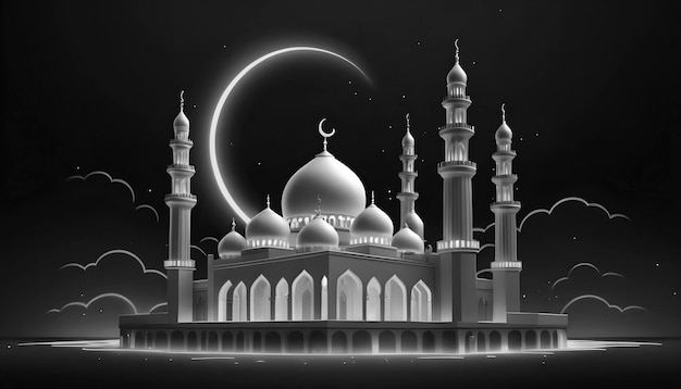 Glowing eid desidera una moschea realistica con contorni al neon nel cielo lunatico per la bandiera grigia dell'eid