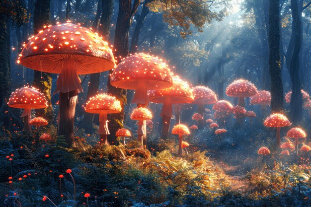 Glowing Fairytale Fly Agaric Mushrooms in a Fairytale Forest primo piano estremo Generative AI
