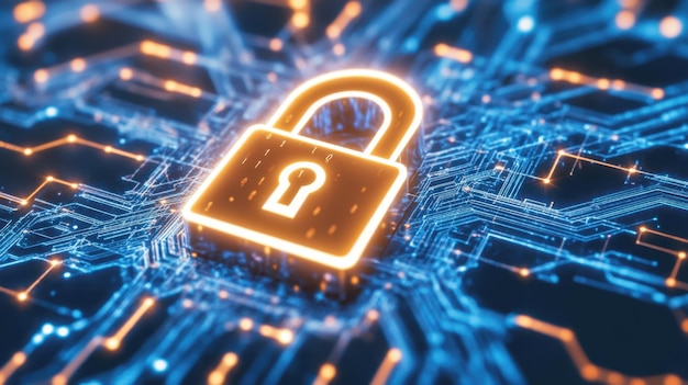 glowing lock symbol in a digital environment concept of cybersecurity and data protection