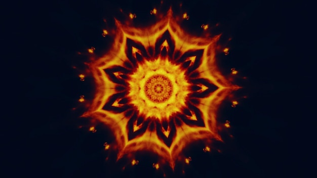 Glowing mandala fire flower burning fractal red orange golden color hot flame symmetrical ornament