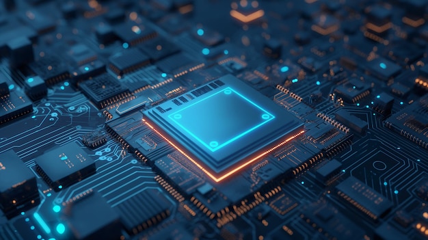 Glowing Neon AI Chip sullo sfondo tecnologico