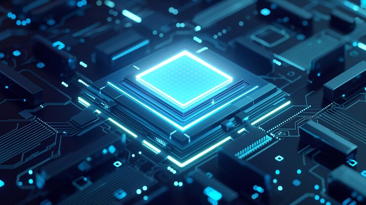 Foto glowing neon ai chip sullo sfondo tecnologico