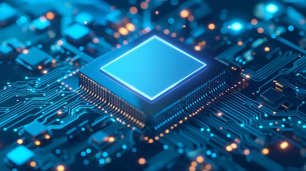 Glowing Neon AI Chip sullo sfondo tecnologico
