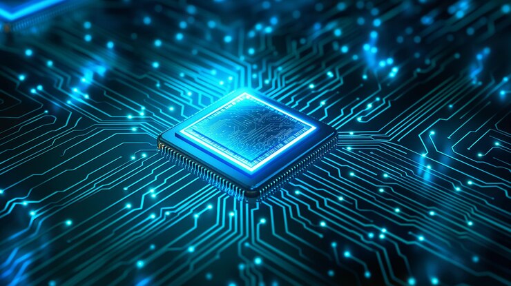 Foto glowing neon ai chip sullo sfondo tecnologico