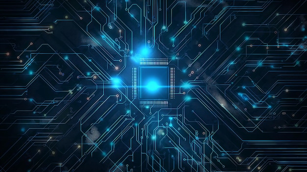 Glowing Neon AI Chip sullo sfondo tecnologico