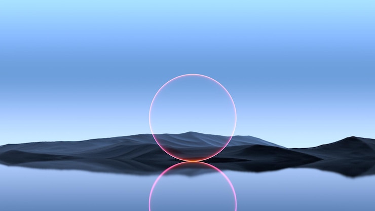 Photo glowing neon circlering on the lake near the mountain island fantastic landscape3d render