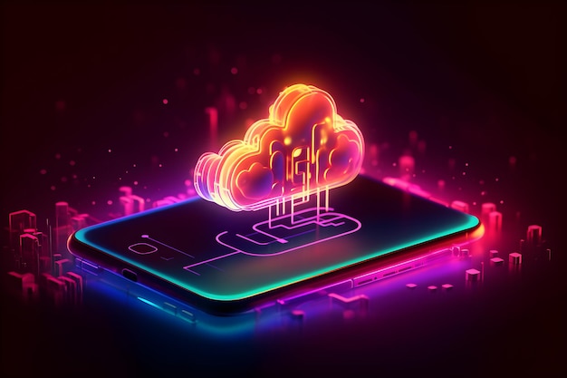 Glowing neon cloud computing in 3d su smartphone Cloud network connecting and online data storage Data Internet service in futuristic technology and innovation Generative AI