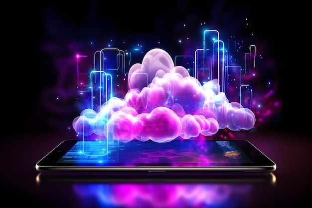 Glowing neon cloud computing in 3d su tablet Cloud network connecting and online data storage Data Internet service in futuristic technology and innovation Generative AI