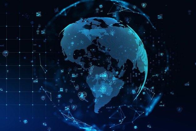 Glowing polygonal globe with social icons on blurry backdrop Connect and data concept 3D Rendering