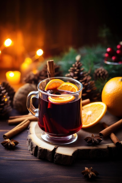 Gluhwein natalizio piccante o vino rosso mullato con zucchero e spezie servito con biscotti su legno rustico con un bokeh scintillante di luci da festa sullo sfondo