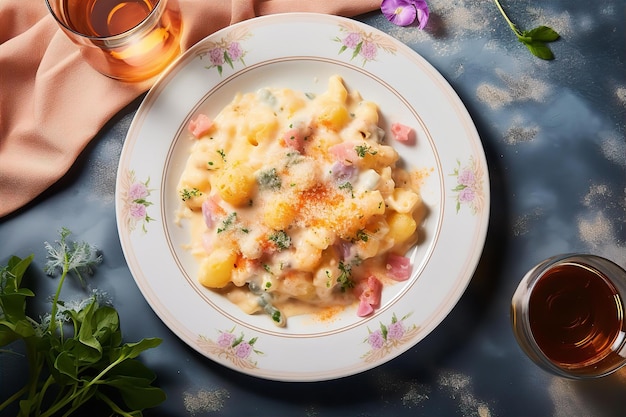 Gnocchi Alfredo al forno con bevanda per la colazione sul tavolo di legno e nella zona della sala da pranzo