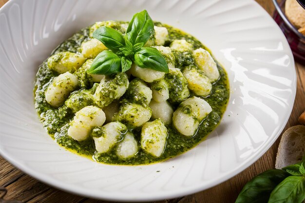 Gnocchi appena fatti con salsa di pesto di basilico verde