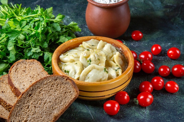 Gnocchi di carne vista frontale con pomodorini freschi pane e verdure su superficie scura