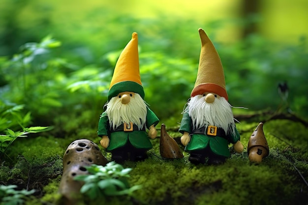 Gnomi irlandesi del giocattolo in uno sfondo naturale verde astratto della foresta misteriosa