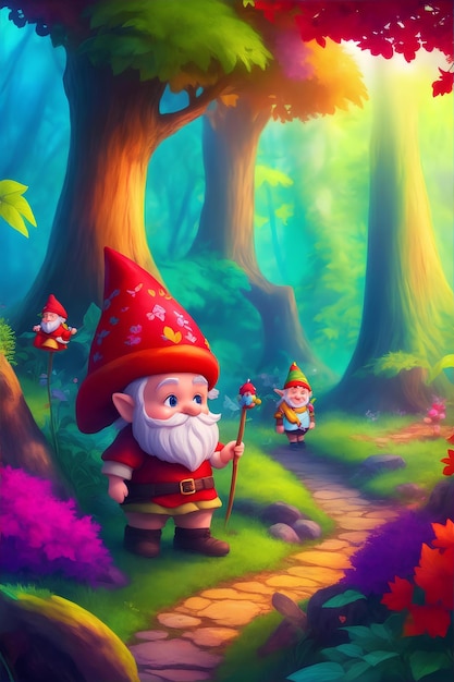 Gnomo carino illustrazione isometrica 3D nei regni colorati delle fiabe della foresta magica per i fumetti