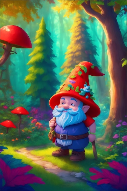 Gnomo carino illustrazione isometrica 3D nei regni colorati delle fiabe della foresta magica per i fumetti