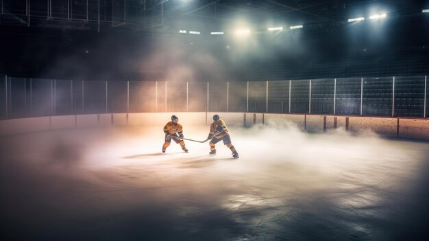 goal di hockey e arena di hockey su ghiaccio in fumo e sotto i riflettori