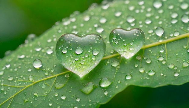 gocce d'acqua a forma di cuore su una foglia verde