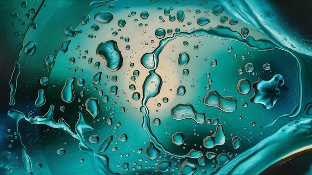 gocce d'acqua astratte su uno sfondo di vetro turchese